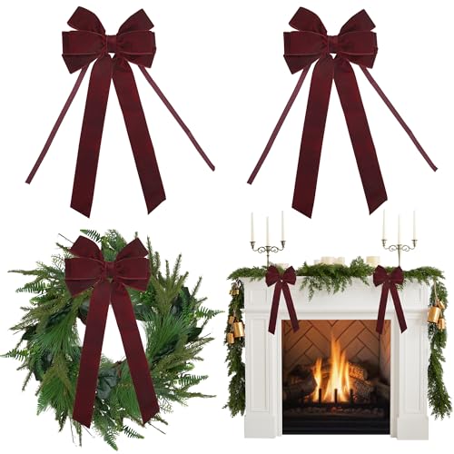 "AIMUDI Burgundy Velvet Bows - 6.5"" x 15"" Christmas Bows for Gift Wrapping, Tree, Wreath, Garland, Staircase, Home Decorations - 2 PCs"