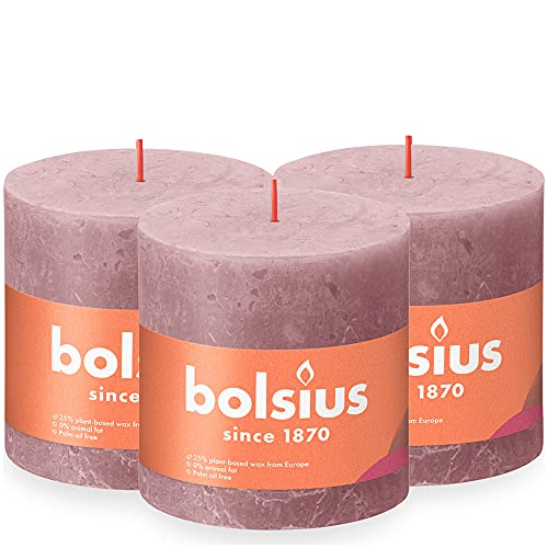 Bolsius Rustic Pillar Candle XXL - Old Pink - Pack of 3 - Long Burning Time of 62 Hours - Decoration - Unscented - Includes Natural Vegan Wax - No Palm Oil - 10 x 10 cm