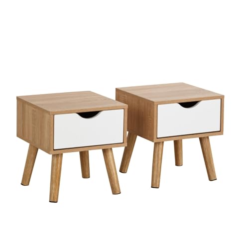Home Source Pair Of Bedside Cabinets 1 Drawer White And Oak Effect Side Table Solid Wood Legs Modern Style