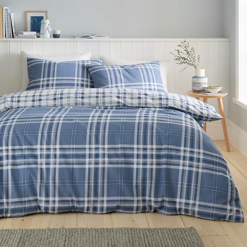 Catherine Lansfield Kelso Check Reversible King Duvet Cover Set with Pillowcases Blue