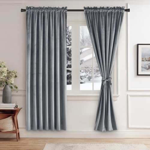 JIUZHEN Grey Velvet Curtains 63 inches for Living Room - Privacy Protect Room Darkening Rod Pocket Thick Velvet Window Drapes for Bedroom/Dining Room, Set of 2 with Tiebacks, W42 x L63 inches