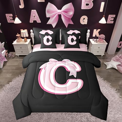 jejeloiu Kids Girls Black Pink Bow Comforter Set with Sheets King Size Monogrammed 7 Piece Bedding Set Personalized Initial C Bed in a Bag with Comforter,Sheets,Pillowcases Modern Fashion Bed Set