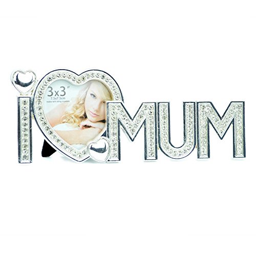 "SHATCHI I Love Mum Photo Frame 3"" x 3"" Gifts Silver Metal with Diamond"
