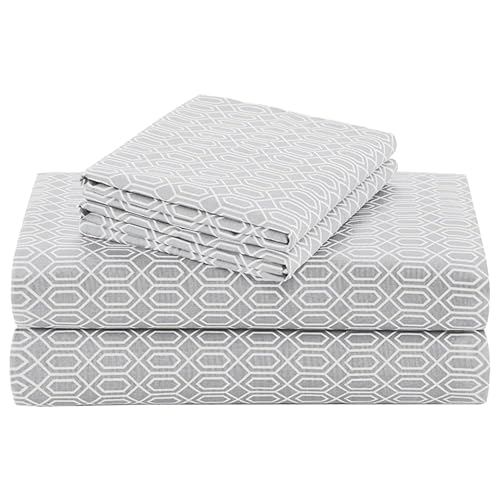 Comfort Spaces 100% Cotton Percale 3 Piece Set Ultra Soft Breathable Deep Pocket Printed Geometric Pattern Sheets With Pillow Cases Bedding, Twin, Diamond Grey