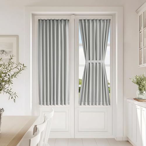 Vatge Privacy French Door Curtain - Thermal Insulated Self Adhesive Blackout Door Curtains with Tieback, 1 Panel, W25 x L54, Silver Grey