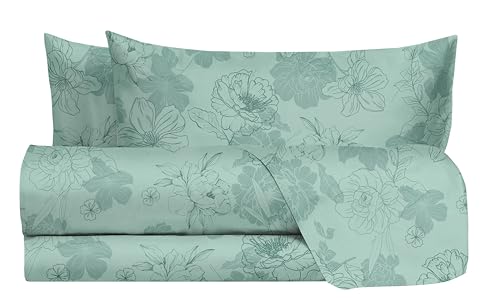 hermet Laura Biagiotti, Set of Double Bed Sheets Cotton, Patterned Bed Set, 100% Cotton, Top Sheet + Fitted Sheet + Pair of Pillowcases, Tesia Sage