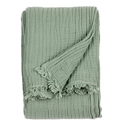 Yard furn Lark Cotton Muslin Throw – Soft Crinkle Texture Blanket (Eucalyptus – 240x260cm)
