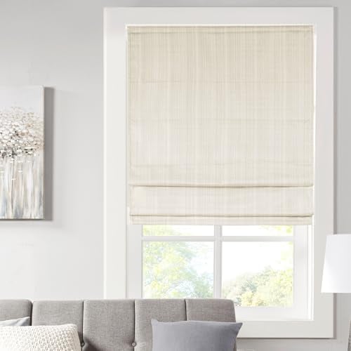 "Madison Park Galen Cordless Roman Shades - Fabric Privacy Single Panel Darkening, Energy Efficient, Thermal Insulated Window Blind Treatment, for Bedroom, Living Room Decor, 27"" x 64"", Ivory"
