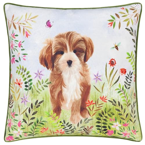 Evans Lichfield Daisy Hill Charlie Printed Feather Rich Cushion - Multicolour/Green - 45x45cm