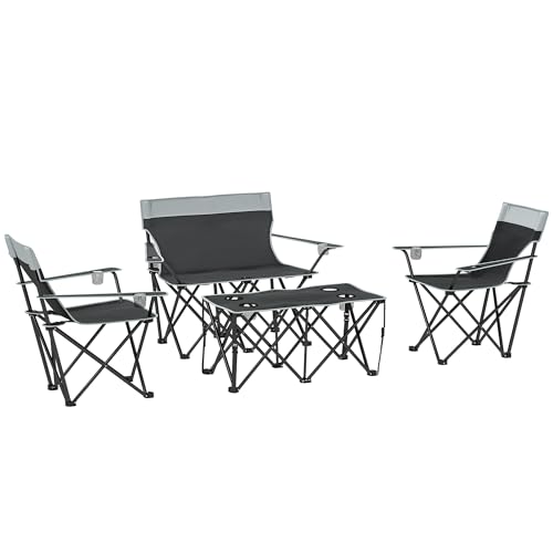 Outsunny 4 Piece Foldable Camping Table and Chairs Set, Portable Picnic Table with 3 Chairs, Cup Holders and Carrying Bag, Outdoor Lightweight Table Set for BBQ, Picnic, Parties, Grey
