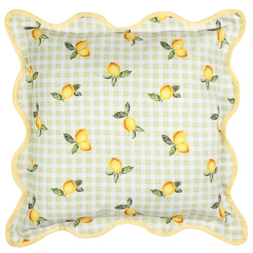 furn. Fruits Lemons Cushion Cover – Water Resistant Gingham Lemon Fruit Outdoor Wiggle Piped Edge Decorative Case (Sage - 45x45cm)