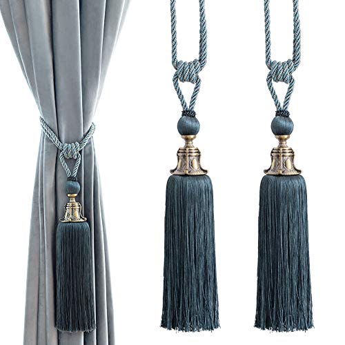 Melodieux Decorative Curtain Tiebacks Antique Tassels Holdbacks, Home Office Windows Drapery Fasteners Fringe Ropes, Set of 2 (Navy Blue)