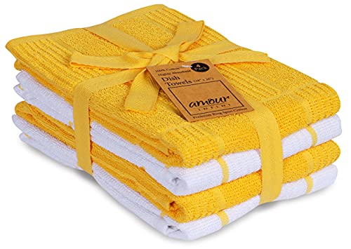 AMOUR INFINI Terry Dish Towel - Set of 4 - 40 x 65 cm - Durable, Soft and Absorbent -100% Cotton Dishtowels - Perfect for Household and Commercial Uses - Yellow