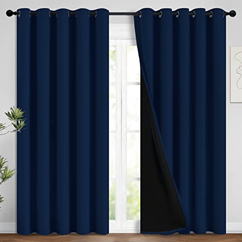 Yakamok 100% Blackout Lined Panels, Room Darkening Thermal Insulated Blackout Curtains for Bedroom, Heat Blocking Drapes for Living Room(62Wx84L, Navy Blue, 2 Panels) (PART-YBWGS076284)