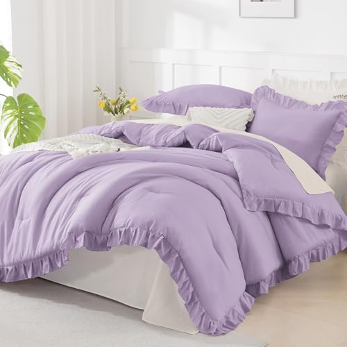 Andency Oversized King Comforter Set,3 Pieces Lavender Ruffle Bedding Set - Shabby Chic Famhouse Bed Set (120x98 Inch) , All Season Lightweight Fluffy Bed Set for Girls Women