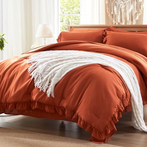 Anluoer King Comforter Set 7 Piece, Burnt Orange Bed in a Bag with Sheets, All Season Ruffle Boho Bedding Sets with 1 Comforter, 2 Pillow Shams, 2 Pillowcases, 1 Flat Sheet, 1 Fitted Sheet