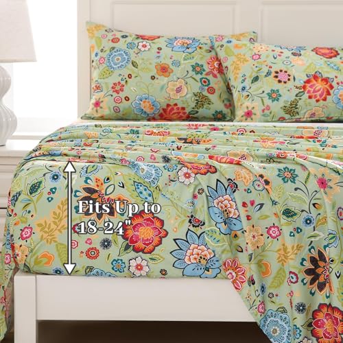 MEISHANG Queen Sheet Set - Ultra Soft Floral Sheets Extra Deep Pocket Fitted 18-24 Inch 100% Microfiber,1800 Thread Count Floral Bed Sheets Oeko-Tex Certificated 4 Pieces - Sage Green