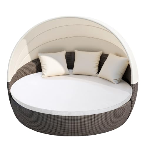 "MICTONY Outdoor Daybed Cushion Cover, 66"" Replacement Daybed Cover with Elastic Band, Sun Bed Cushion Cover, Outdoor Round Bed Cushion, Cover ONLY (Daybed NOT Included) (White)"