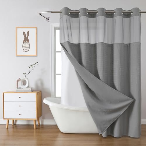 eachope No Hook Waffle Shower Curtain with Snap-in Liner, 71x74 Inch, Grey - 230 GSM waffle weave fabric, waterproof liner set with 2 bottom magnets, mesh top window, washable, for bathroom or hotel use