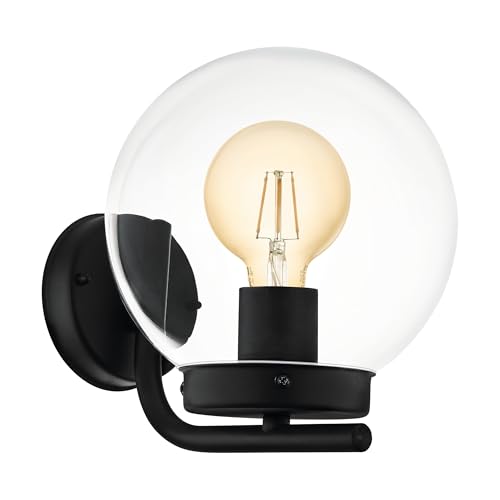EGLO Outdoor Wall Light Taverna, Traditional External Porch Lighting, Waterproof Outside Lamp Made of Black Galvanized Steel and Clear Plastic, E27 Socket, IP44
