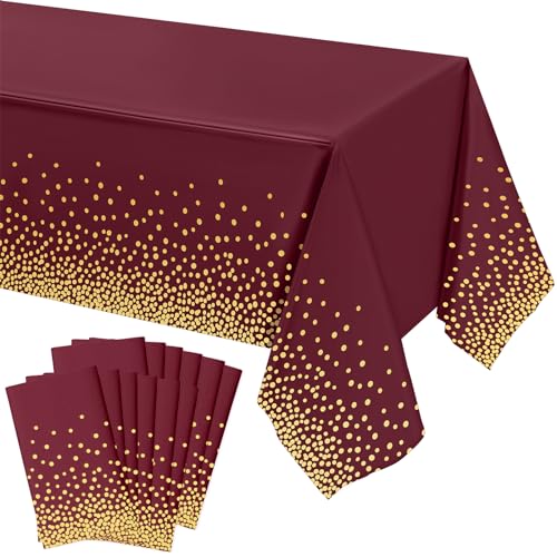 Tegeme 12 Packs Plastic Table Cloths for Parties Disposable Graduation Ramadan Mubarak Tablecloths Decoration with Gold Stamping Dot 108 x 54'' for Birthday Graduation Ramadan Party (Wine Red,Gold)