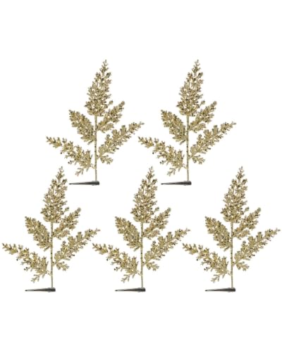 Set of 5 Gold Glitter Leaf Christmas Tree Picks, 23cm Sprays - 5 gold glitter leaf picks, 23cm decorative Christmas sprays for trees, wreaths, garlands and festive displays