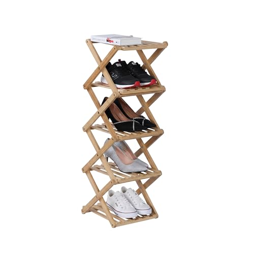 Relaxdays 5-Tier Bamboo Shoe Rack, Folding, Hallway & Bedroom, 84 x 28 x 28 cm, Natural
