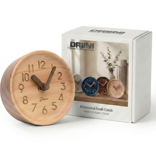 Driini Wooden Analog Desktop Clock ??? 4.3 in. Decorative Pinewood Clock, No-Tick Design ??? Easy to Read Silent Sweep Mantle Clock ??? Quiet Tabletop Clocks with Wood Body, Hands, & Battery Cover Light