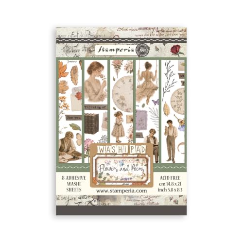 Stamperia - Washi Pad (Flowers and Poems) (A5) (8 Sheets) - For Scrapbooks, Albums, Cards and More, Translucent, Easy to Cut, Acid Free, Perfect for Hobbies, Crafts and Gifting