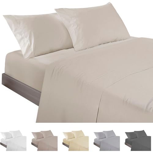 ECOMMERC3 - 4-Piece Bed Sheet Set 150 Made in Spain - Sheet Set with Fitted Sheet, Top Sheet and 2 Pillowcases 45 x 85 Beige