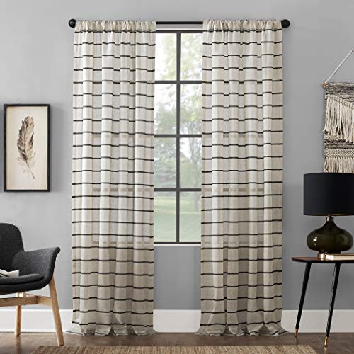 "Clean Window Twill Stripe Anti-Dust Allergy/Pet Friendly Anti-Dust Sheer Curtain Panel, 52"" x 84, Black/Linen"