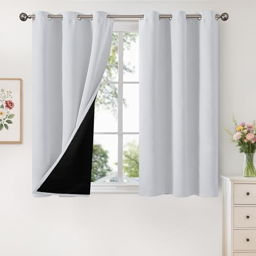 YoungsTex Short 100% Blackout Curtains 40 Inch Length for Window, Thermal Insulated Drapes with Grommet Heat Blocking Liner for Bedroom, Greyish White, 2 Panels, 42 X 40 Inch