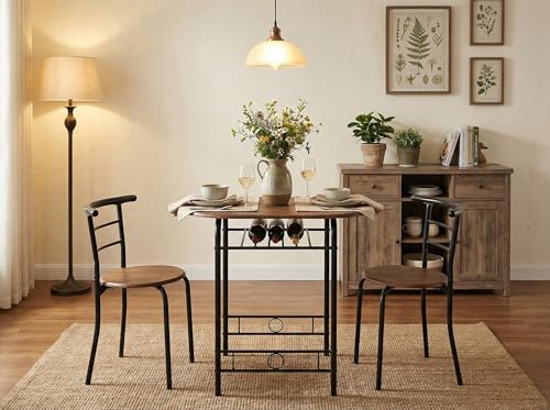 FurnitureR 3-Piece FurnitureR Round Table & Chair Set, Space Saving Kitchen Breakfast Nook Wood Grain Tabletop with Metal Frame and Built-in Wine Rack for Kitchen, Dining Room (Brown/Black)