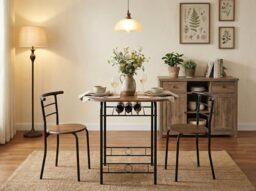 FurnitureR 3-Piece FurnitureR Round Table & Chair Set, Space Saving Kitchen Breakfast Nook Wood Grain Tabletop with Metal Frame and Built-in Wine Rack for Kitchen, Dining Room (Brown/Black)