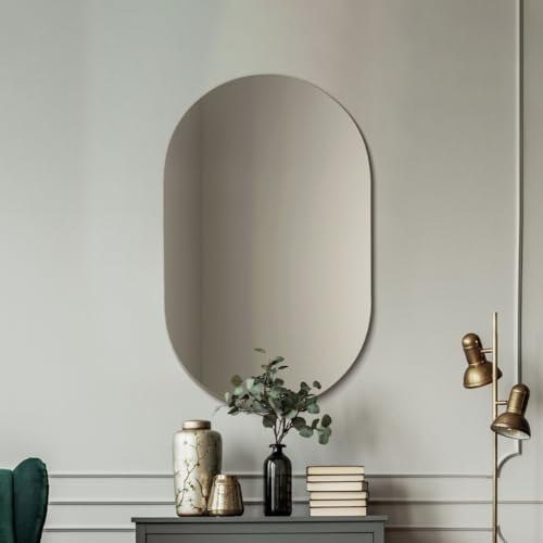 "MirrorOutlet The Ovale - Large Frameless Oval Pill Oblong Wall Mirror 31"" X 20"" (80cm X 50cm) Silver Mirror Glass On A Black Backing."
