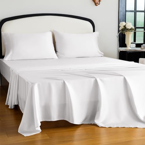"Homilay Tencel Lyocell 4 Pieces King Sheet Set, Silky Soft, Cooling & Wrinkle-Free - Oeko-TEX Certified - Deep Pocket Fits 16"" Mattress, Bright White"