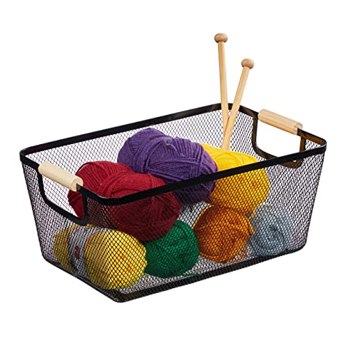 Relaxdays Wire Storage Basket with Handles, Square, Metal & Wood, for Various Utensils, HWD: 17.5 x 43 x 27cm,