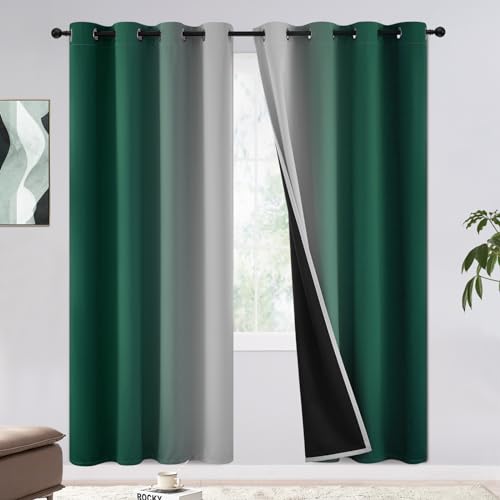 COSVIYA 100% Blackout Curtains & Drapes Ombre Green Curtains 72 inch Length - Full Room Darkening Grommet Gradient Insulated Thermal Window Curtains for Bedroom/Living Room,52Wx72L inches???2 Panels