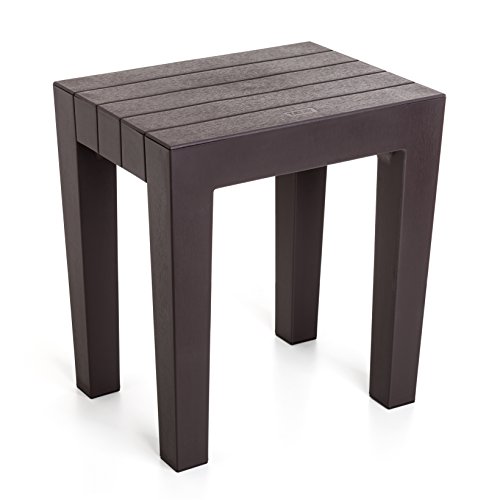 TATAY rectangular stool made of brown textured polypropylene, with a wood effect finish. Anti-UV protection, suitable for indoor and outdoor use. Size 38x29x41m5 cm