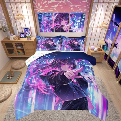 Erosebridal Kids Anime Girl Full Size Comforter Set, Japanese Anime Bedding Set, Cartoon Manga Girl Quilt for Boys Teens Bedroom Decor, Kawaii Japanese Animation Duvet Insert with 2 Pillow Cases