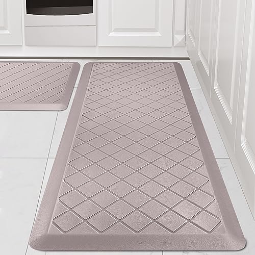 WEZVIX Cushioned Kitchen Mat 2 PCS, Anti Fatigue Kitchen Rugs, Heavy Duty Non-Skid, Ergonomic Comfort Foam Kitchen Floor Mat for Home, Office, Sink, Laundry, Khaki