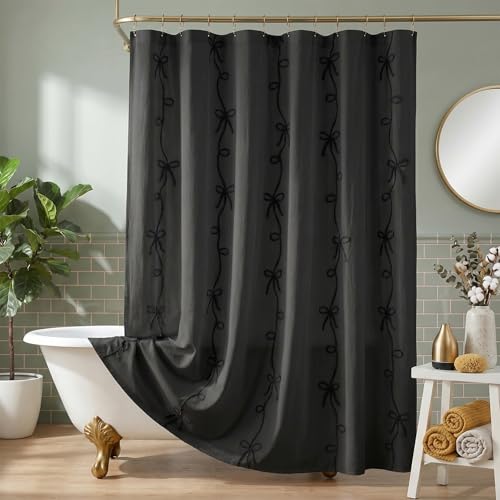 Seasonwood Black Bow Shower Curtain Cute Fabric Shower Curtain 72 x 72 Inches, Aesthetic Embroidered Textured Shower Curtains Elegant Pretty Bathroom Decor