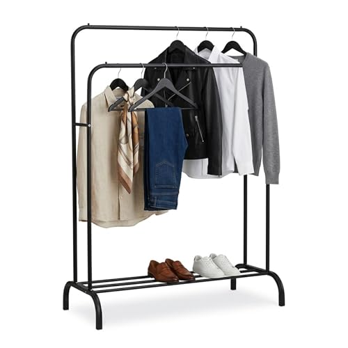 Relaxdays Tall Metal Coat Rack with Shelf and Double Rails, 146 x 110 x 56 cm, Black