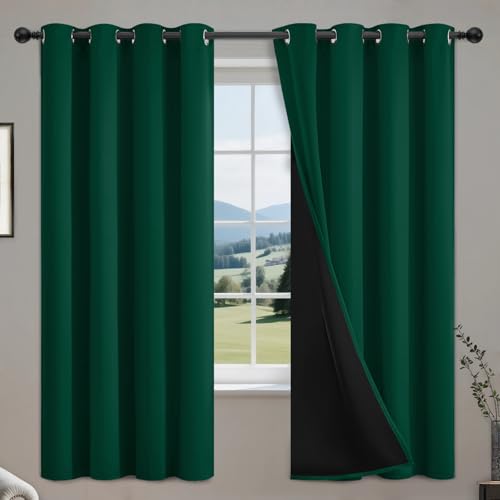 COSVIYA 100% Dark Green Blackout Curtains for Kids Room 63 Inches Length - Room Darkening Light Blocking Drapes for Bedroom, Grommet Thermal Insulated Window Panels with Black Liner, W52xL63, 2 Panels