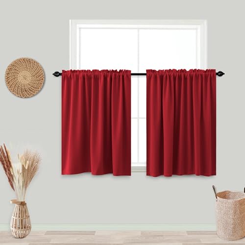 KOUFALL Red Kitchen Curtains 24 Inch Length Winter Insulated Thermal Blackout Tier Short Cafe Curtains for Bathroom Small Windows