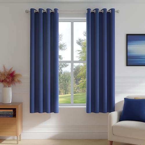 FMFUNCTEX 100% Blackout Navy Blue Curtains 54 Inch Grommet Drapes 2 Panels - Black out Drapes, Thermal Insulated Noise Reducing, Textured Weave, Room Darkening, Window Curtain, for Living Room,Grommet