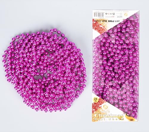 7.2m (24ft) Pink Shiny Christmas Bead Chain Metallic Xmas Beaded Garland Artificial Pearls Tinsel For Christmas Tree Hanging Decorations DIY Art & Crafts Jeweller