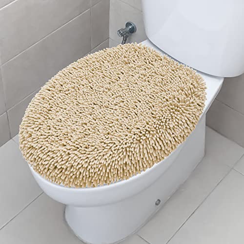 TREETONE Shaggy Chenille Bathroom Toilet Lid Cover, Ultra Soft Plush Seat Covers, Fluffy Absorbent, 19x21 Inches, Standard Toilet Lids for Bathroom Machine Wash & Dry, Beige