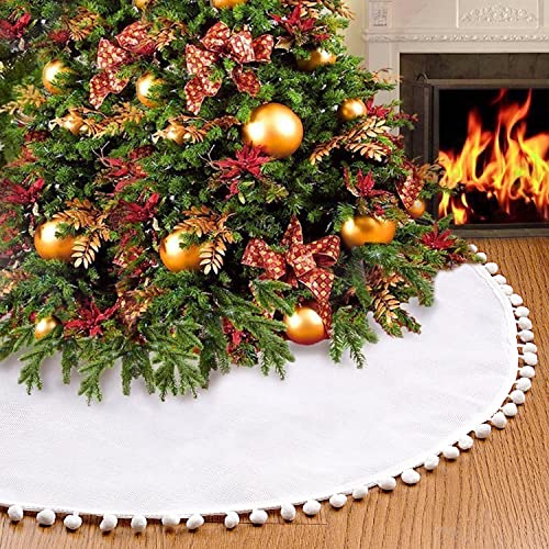 SevenFish 48 inch Large Christmas Tree Skirt White Burlap Double Layers Farmhouse Tree Skirt with Pom Pom Rustic Christmas Decorations