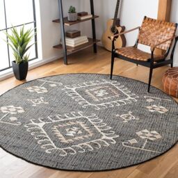 Safavieh Geometric Rug for Living Room, Dining Room, Bedroom - Kilim Collection, Short Pile, in ‎Black and Ivory, 90 x 90 cm